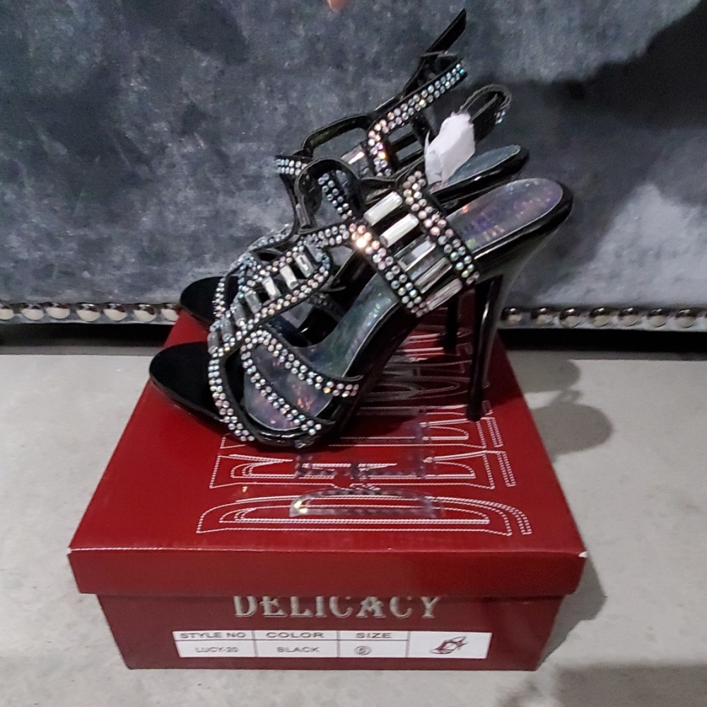 Black Strappy Heels with Stones & Hologram Insole